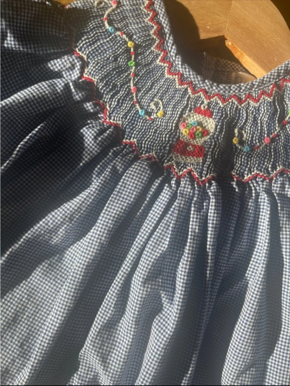 Petit Ami Blue Gingham Smocked Puff-Sleeve Dress with Red Trim